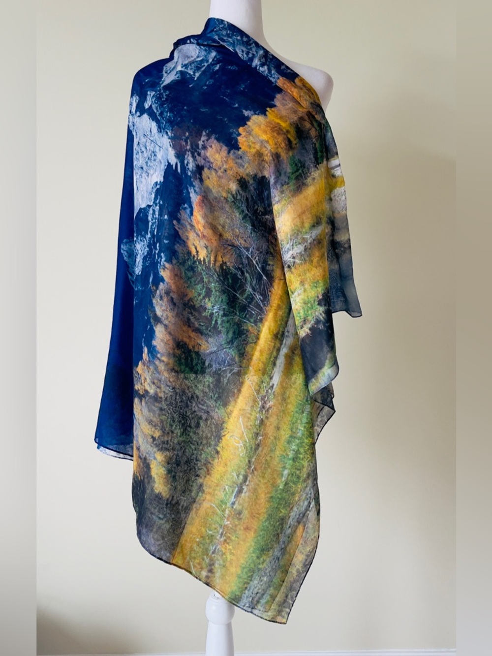 Scenic Print Lightweight Blue and Yellow Wrap or Scarf NWOT